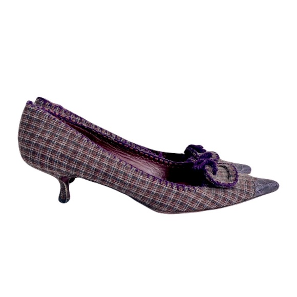 Prada Brown Tweed Purple Croc Embossed Kitten Heels, Size 41 - Picture 4 of 9
